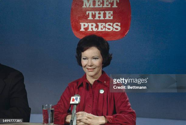 Rosalynn Carter, wife of presidential candidate Jimmy Carter, appears on the 'Meet the Press' television talk show, September 26th 1976. She is...