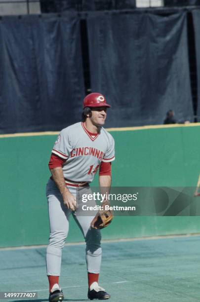 The Cincinnati Reds' Pete Rose during a pre-game practice session at Yankee Stadium in New York, before Game 3 in the World Series, against the New...