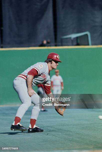 The Cincinnati Reds' Pete Rose during a pre-game practice session at Yankee Stadium in New York, before Game 3 in the World Series, against the New...