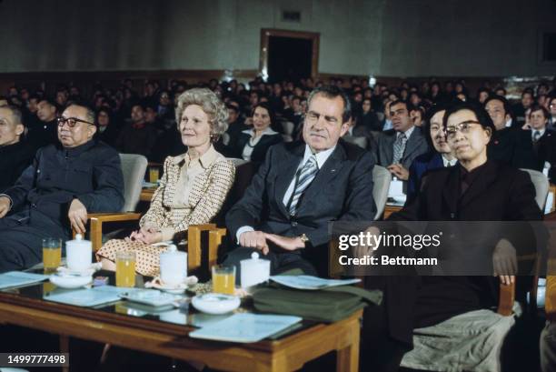 Former US President Richard Nixon and his wife Pat attending a musical evening at the Great Hall of the People in Beijing during a visit to China,...