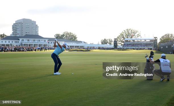 Wyndham Clark of the United States plays his second shot on the 18th hole during the final round of the 123rd U.S. Open Championship at The Los...