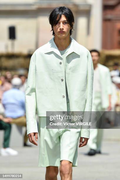 Model walks the runway during the Zegna Ready to Wear Spring/Summer 2024 fashion show as part of the Milan Men Fashion Week on June 19, 2023 in...