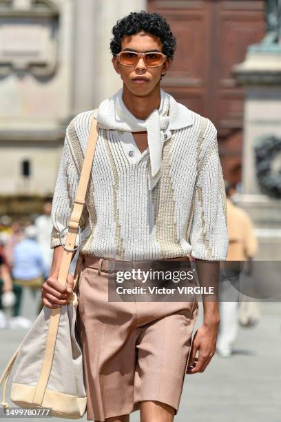 Model walks the runway during the Zegna Ready to Wear Spring/Summer 2024 fashion show as part of the Milan Men Fashion Week on June 19, 2023 in...