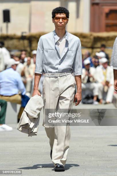 Model walks the runway during the Zegna Ready to Wear Spring/Summer 2024 fashion show as part of the Milan Men Fashion Week on June 19, 2023 in...