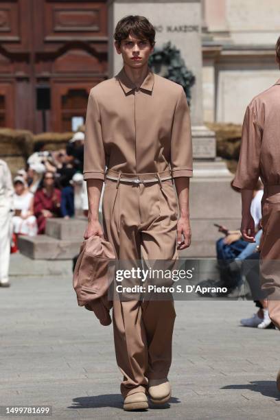 Model walks the runway at the Zegna Spring/Summer 2024 fashion show during the Milan Fashion Week menswear spring/summer 2024 on June 19, 2023 in...