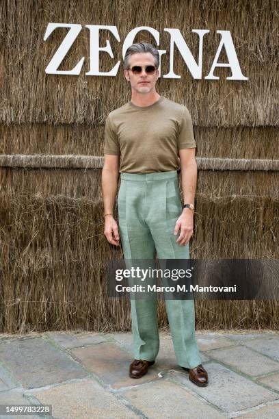 Chris Pine is seen on the front row at the Zegna Spring/Summer 2024 fashion show during the Milan Fashion Week menswear spring/summer 2024 on June...