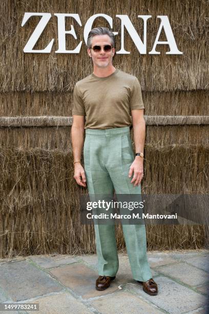 Chris Pine is seen on the front row at the Zegna Spring/Summer 2024 fashion show during the Milan Fashion Week menswear spring/summer 2024 on June...