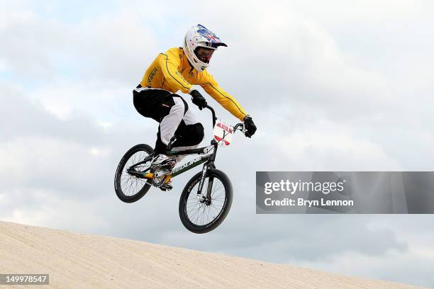 Sam Willoughby of Australia competes during the Men's BMX Cycling on Day 12 of the London 2012 Olympic Games at BMX Track on August 8, 2012 in...