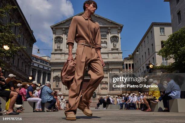 Model walks the runway at the Zegna Spring/Summer 2024 fashion show during the Milan Fashion Week menswear spring/summer 2024 on June 19, 2023 in...