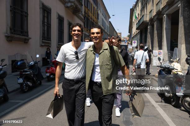 Models are seen outside Giorgio Armani show during the Milan Fashion Week - Menswear Spring/Summer 2024 on June 19, 2023 in Milan, Italy.