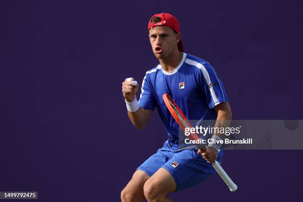 Diego Schwartzman of Argentina celebrates a point against Mackenzie McDonald of United States during the Men's Singles First Round match on Day One...