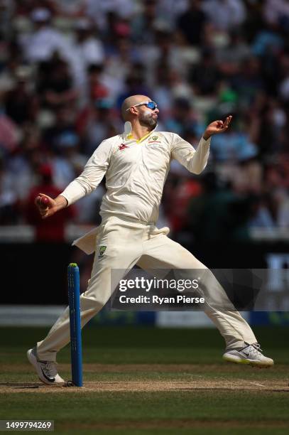 Nathan Lyon of Australia bowls during Day Four of the LV= Insurance Ashes 1st Test match between England and Australia at Edgbaston on June 19, 2023...