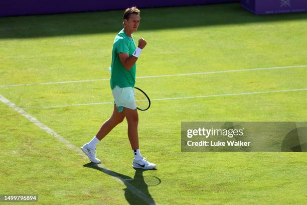 Sebastian Korda of United States celebrates winning match point against Daniel Evans of Great Britain during the Men's Singles First Round match on...