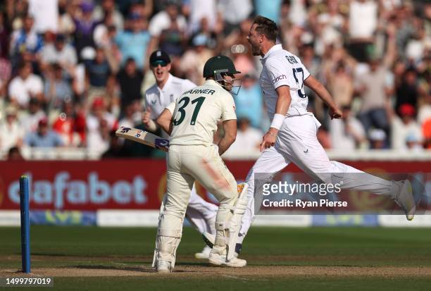 Ollie Robinson of England celebrates after taking the wicket of David Warner of Australia during Day Four of the LV= Insurance Ashes 1st Test match...
