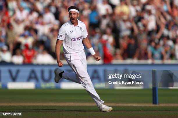 Stuart Broad of England celebrates after taking the wicket of Steve Smith of Australia during Day Four of the LV= Insurance Ashes 1st Test match...