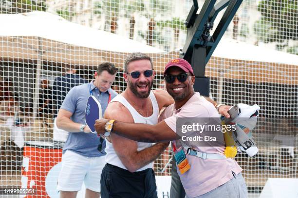 Julian Edelman and Damaune Journey attend an Open Play session at the Stagwell Sport Beach on June 19, 2023 in Cannes, France.