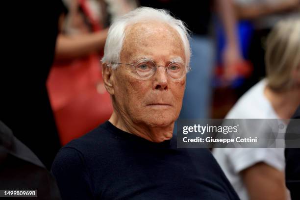 Giorgio Armani, owner of EA7 Emporio Armani Milan looks on prior to the LBA Lega Basket Serie A Playoffs Final Game 5 match between EA7 Emporio...