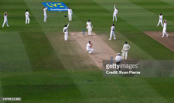 Stuart Broad of England reacts after bowling to Scott Bolland of Australia during Day Four of the LV= Insurance Ashes 1st Test match between England...