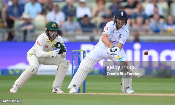 England batsman Joe Root reverse ramps a ball for 6 runs watched by Australia wicketkeeper Alex Carey during day four of the LV= Insurance Ashes 1st...