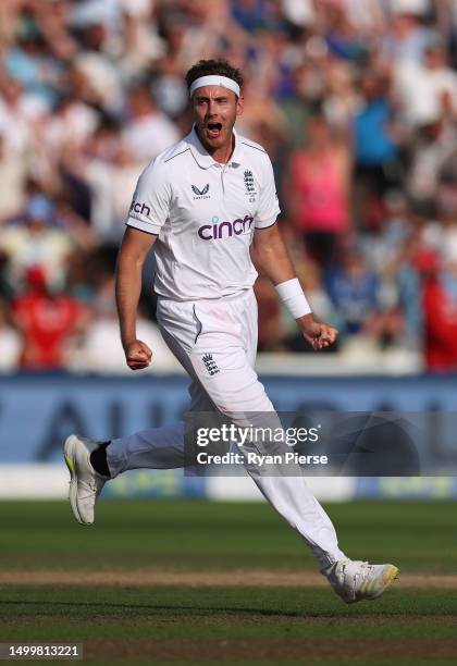 Stuart Broad of England celebrates after taking the wicket of Steve Smith of Australia during Day Four of the LV= Insurance Ashes 1st Test match...