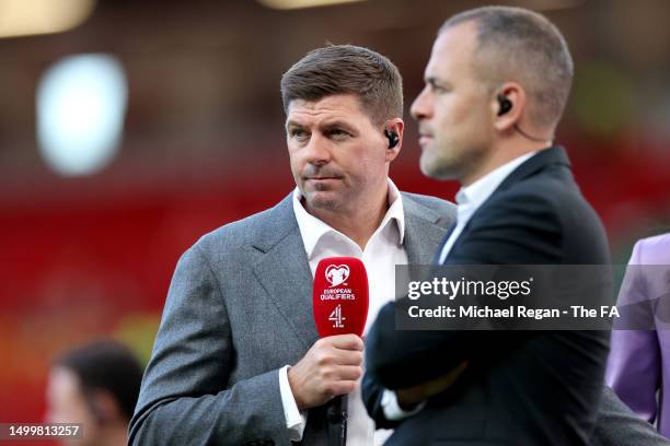 Former England players Steven Gerrard and Joe Cole look on prior to the UEFA EURO 2024 qualifying round group C match between England and North...