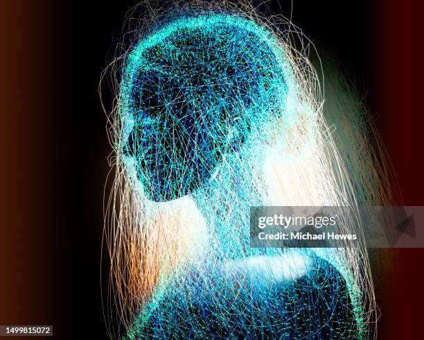 particle field paths of light emitting from cgi female model - generatieve ai model stockfoto's en -beelden