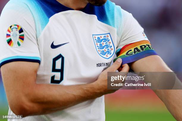 Detail view of the rainbow captain's armband of Harry Kane of England during the UEFA EURO 2024 qualifying round group C match between England and...