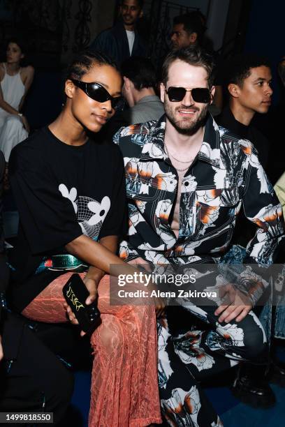 Olivia Valin and David Koch are seen on the front row at the Dhruv Kapoor Spring/Summer 2024 fashion show during the Milan Fashion Week menswear...