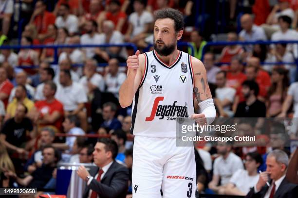 Marco Belinelli of Virtus Segafredo Bologna celebrates during the LBA Lega Basket Serie A Playoffs Final Game 5 match between EA7 Emporio Armani...