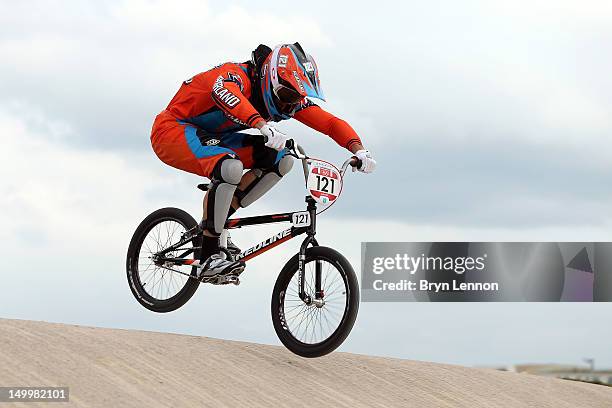 Raymon Van Der Biezen of Netherlands of Netherlands competes during the Men's BMX Cycling on Day 12 of the London 2012 Olympic Games at BMX Track on...