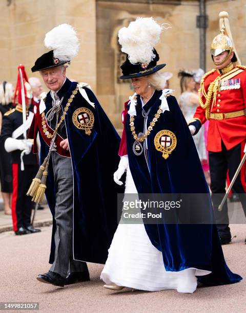 King Charles III and Queen Camilla during the Order Of The Garter Service at Windsor Castle on June 19, 2023 in Windsor, England.