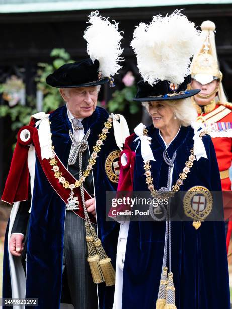 King Charles III and Queen Camilla during the Order Of The Garter Service at Windsor Castle on June 19, 2023 in Windsor, England.