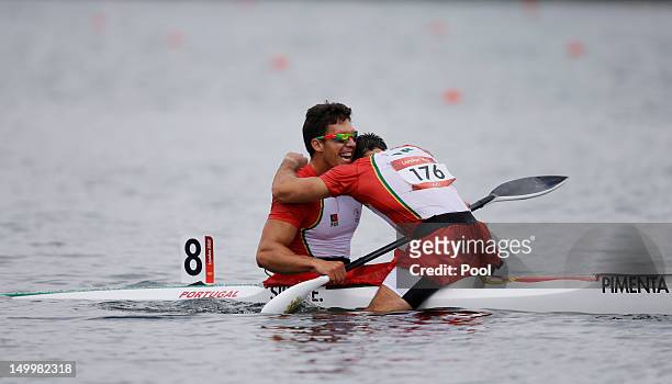 Emanuel Silva and Fernando Pimenta of Portugal celebrate winning Silver during the Men's Kayak Double 1000m Canoe Sprint Finals on Day 12 of the...