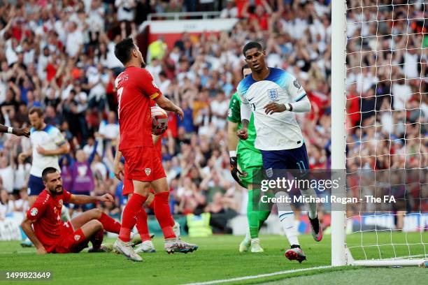 Marcus Rashford of England celebrates after scoring the team's third goal during the UEFA EURO 2024 qualifying round group C match between England...