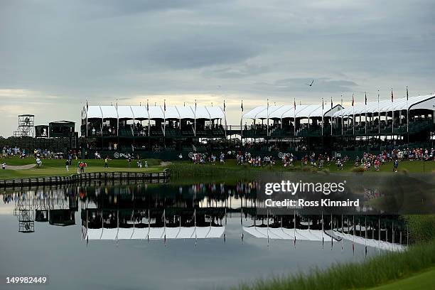 General view of the 17th green and grandstand during a practice round of the 94th PGA Championship at the Ocean Course on August 8, 2012 in Kiawah...