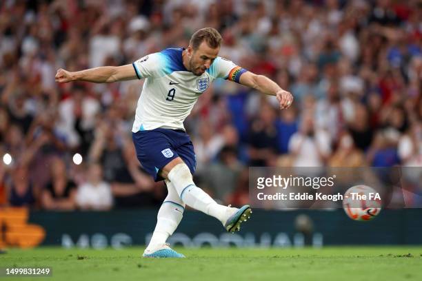 Harry Kane of England scores the team's seventh goal, from the penalty spot, during the UEFA EURO 2024 qualifying round group C match between England...