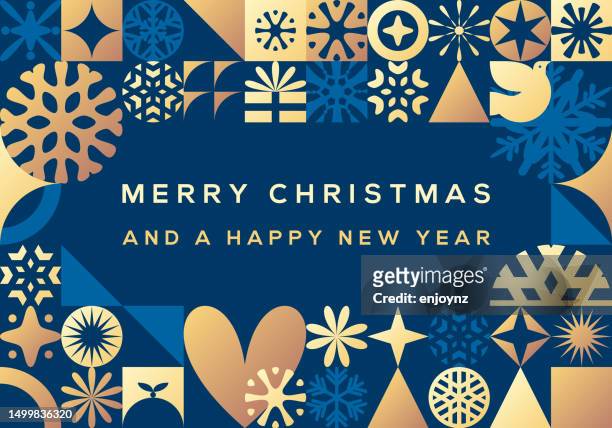 blue and gold abstract bauhaus christmas card design - fun christmas background stock illustrations