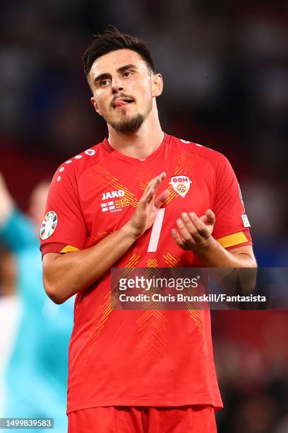 Eljif Elmas of Macedonia reacts following the UEFA EURO 2024 qualifying round group C match between England and North Macedonia at Old Trafford on...