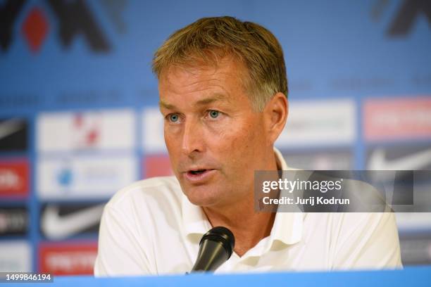 Kasper Hjulmand, Head Coach of Denmark, speaks to the media in the post match press conference after the UEFA EURO 2024 qualifying round group D...