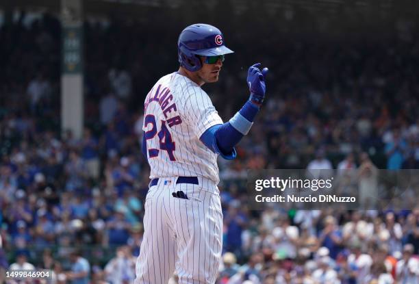 Cody Bellinger of the Chicago Cubs hits a triple against the Baltimore Orioles at Wrigley Field on June 18, 2023 in Chicago, Illinois.