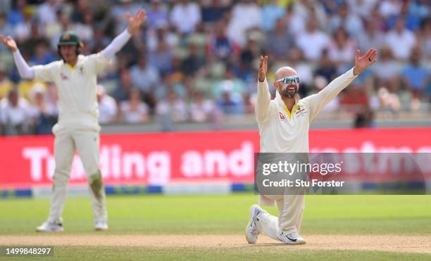 Australia bowler Nathan Lyon appeals during day four of the LV= Insurance Ashes 1st Test Match between England and Australia at Edgbaston on June 19,...