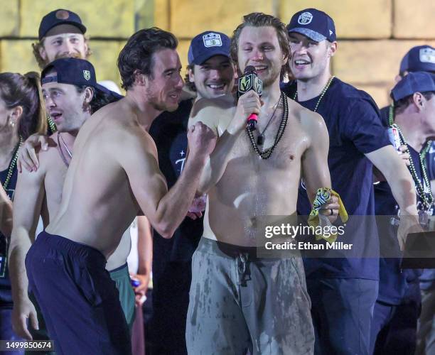 Jonathan Marchessault, Reilly Smith, Shea Theodore, William Karlsson and Brayden McNabb of the Vegas Golden Knights celebrate onstage as Karlsson...