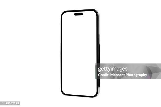 modern smartphone black frameless mockup with white screen isolated on a white background on high-quality studio shot - mockup smartphone stockfoto's en -beelden