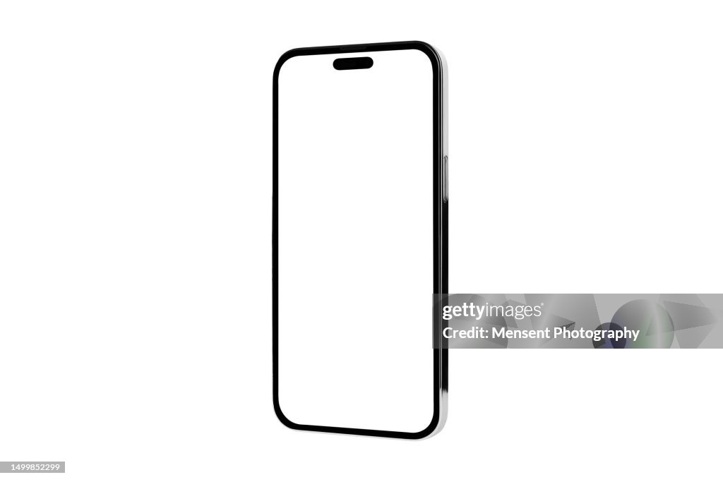 Modern Smartphone black frameless Mockup with white screen isolated on a white background on high-quality studio shot