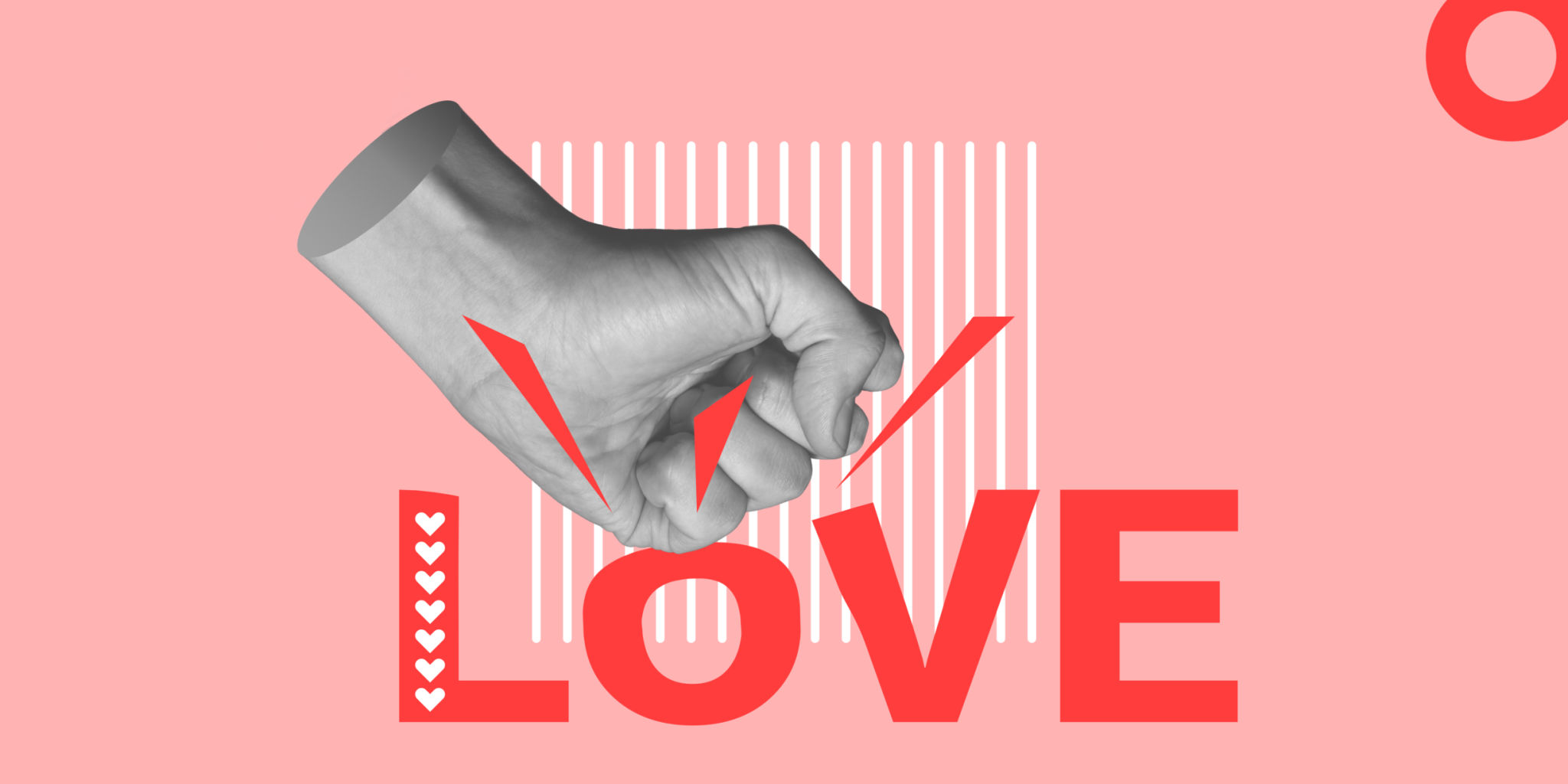 Destruction of love, abusive behavior, violence, domestic violence. Fist smashing word LOVE. Minimalist art collage Destruction of love, abusive behavior, violence, domestic violence. Fist smashing word LOVE. Minimalist art collage