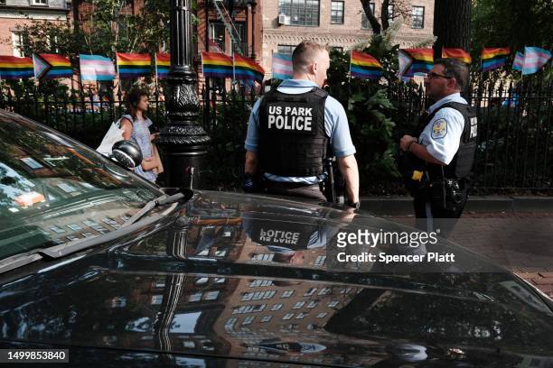 Park Police patrol at Stonewall National Monument in Manhattan's West Village on June 19, 2023 in New York City. For the third time in just over a...