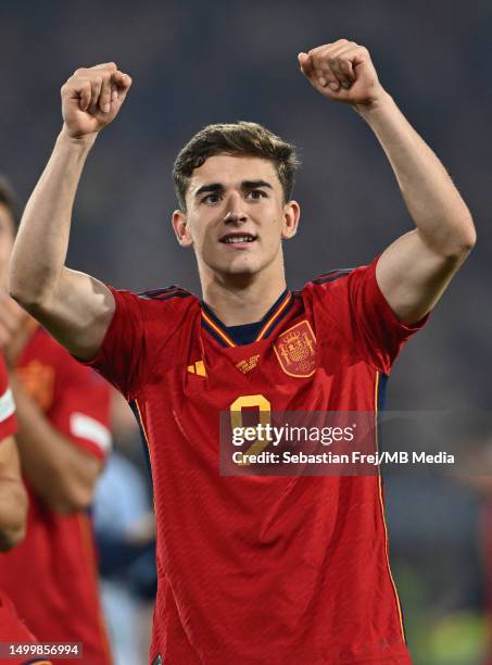 Gavi of Spain celebrate during the UEFA during the UEFA Nations League 2022/23 final match between Croatia and Spain at De Kuip on June 18, 2023 in...