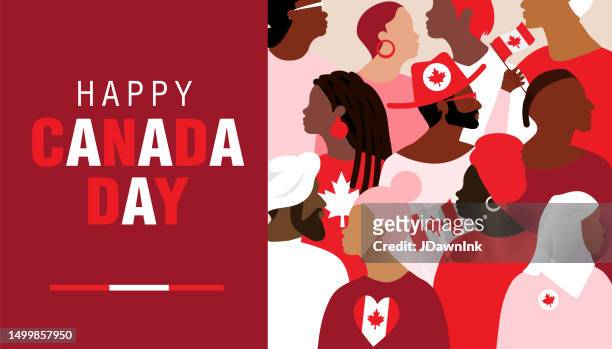 glückliche gruß-webbanner-designvorlage zum kanada-tag mit einer gruppe verschiedener menschen, die kanadische flaggen schwenken - canada day stock-grafiken, -clipart, -cartoons und -symbole
