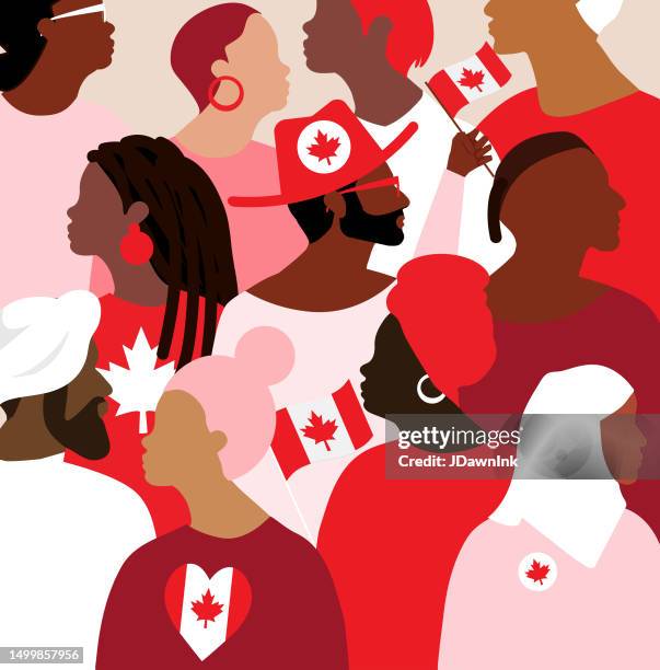 illustrazioni stock, clip art, cartoni animati e icone di tendenza di felice canada day saluta la folla quadrata del concetto di persone con le bandiere del canada - multiculturalismo