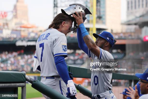 Bobby Witt Jr. #7 of the Kansas City Royals celebrates his solo home run in the fourth inning with Samad Taylor while playing the Detroit Tigers at...